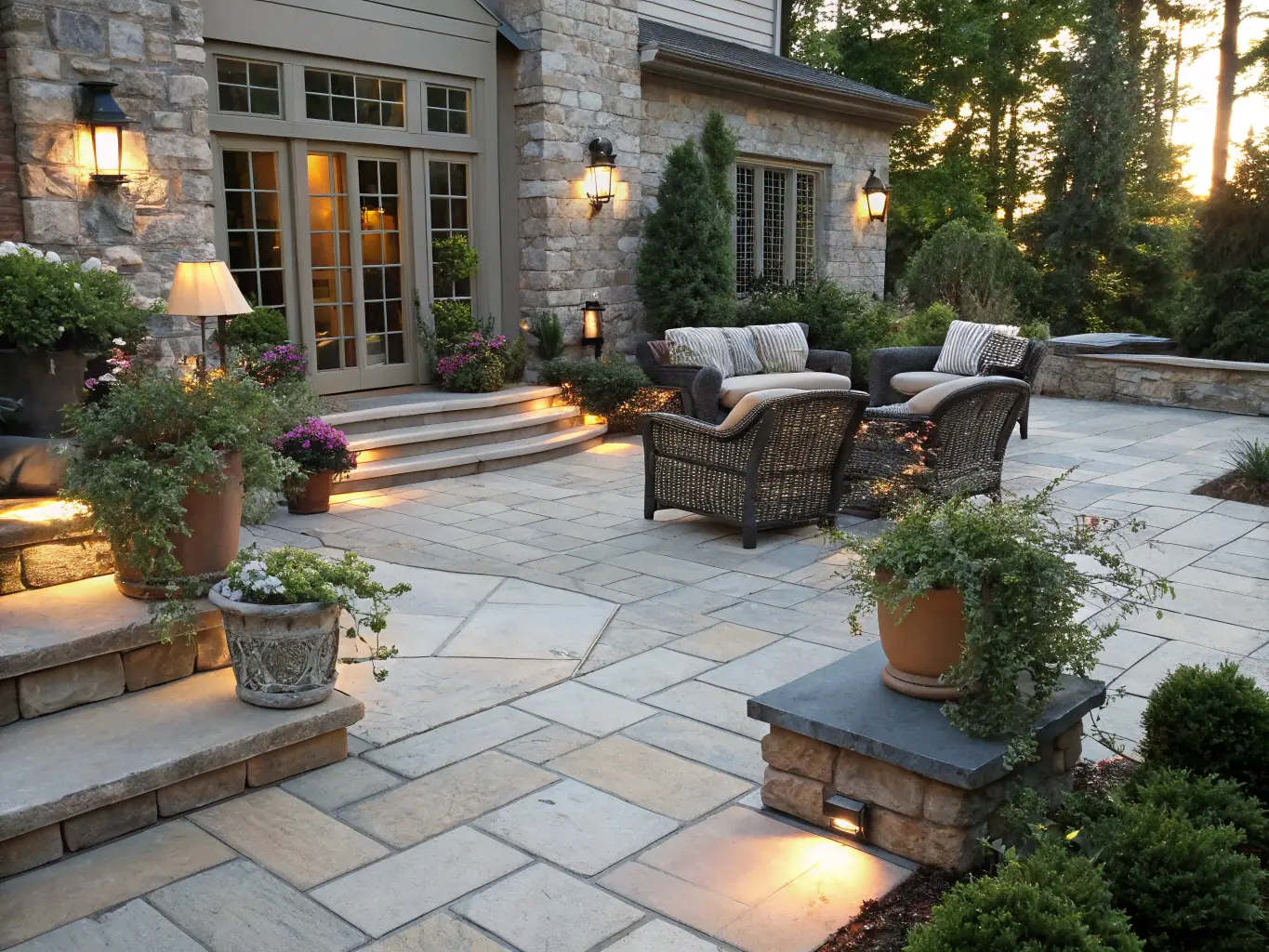 A beautifully constructed patio with intricate stonework, surrounded by lush greenery, showcasing Belgard Masonry's expertise in creating inviting outdoor spaces.