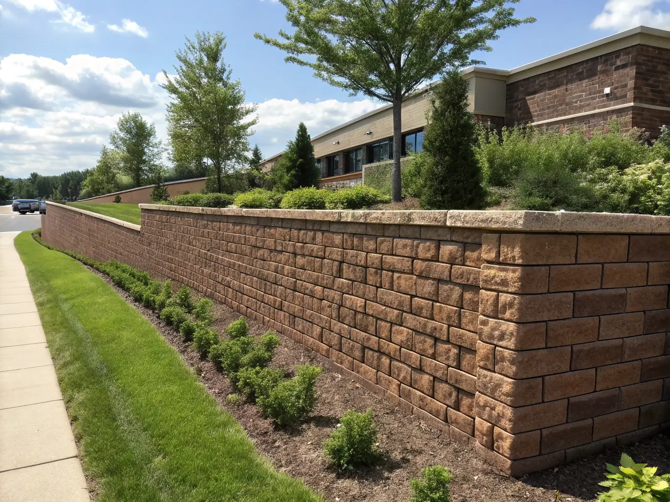 A durable retaining wall constructed with precision, adding both functional support and aesthetic appeal to the landscape, demonstrating Belgard Masonry's skill in structural masonry.
