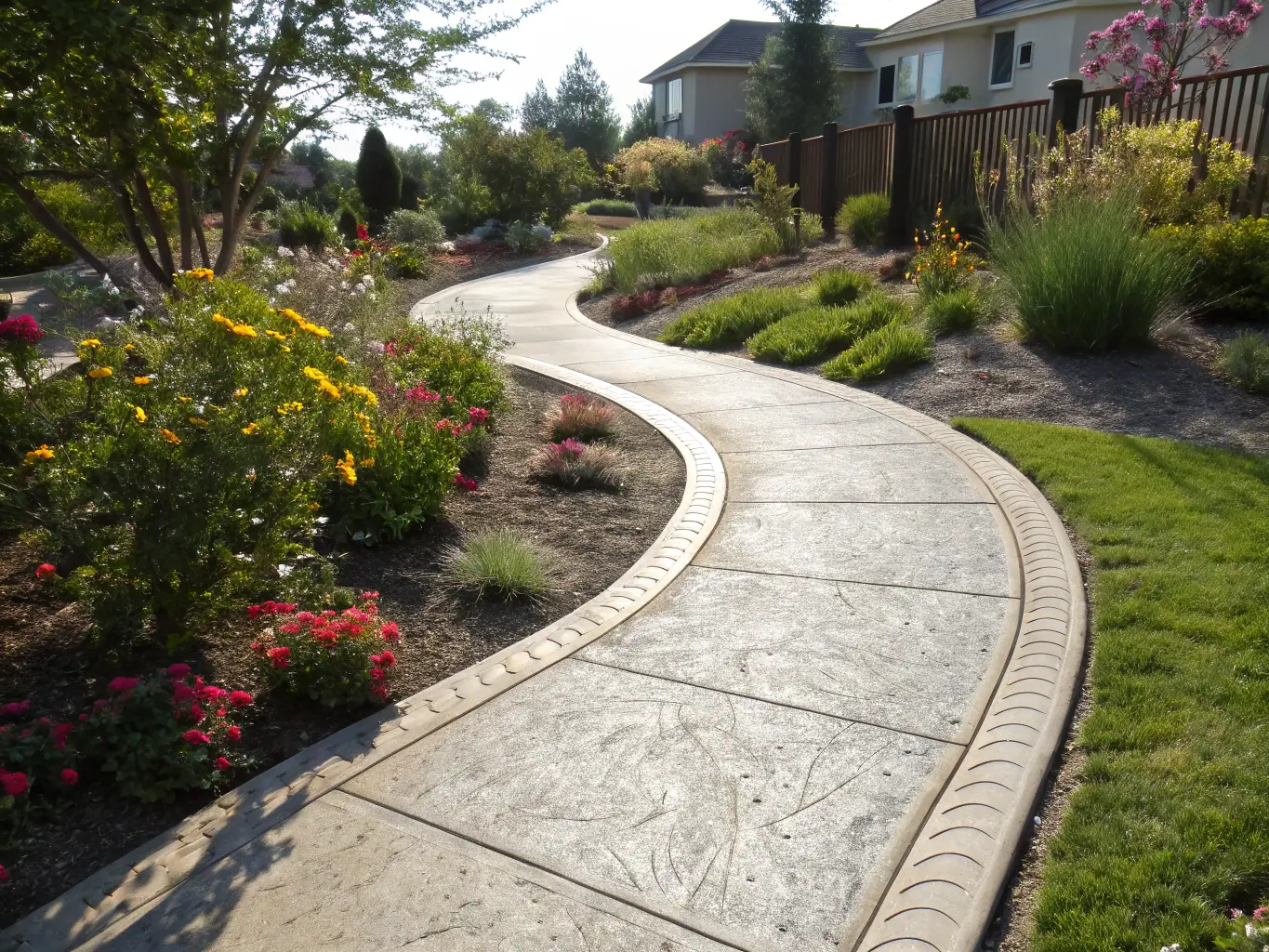 A winding custom walkway seamlessly connecting the front yard to the backyard, enhancing accessibility and beauty, reflecting Belgard Masonry's commitment to detail.