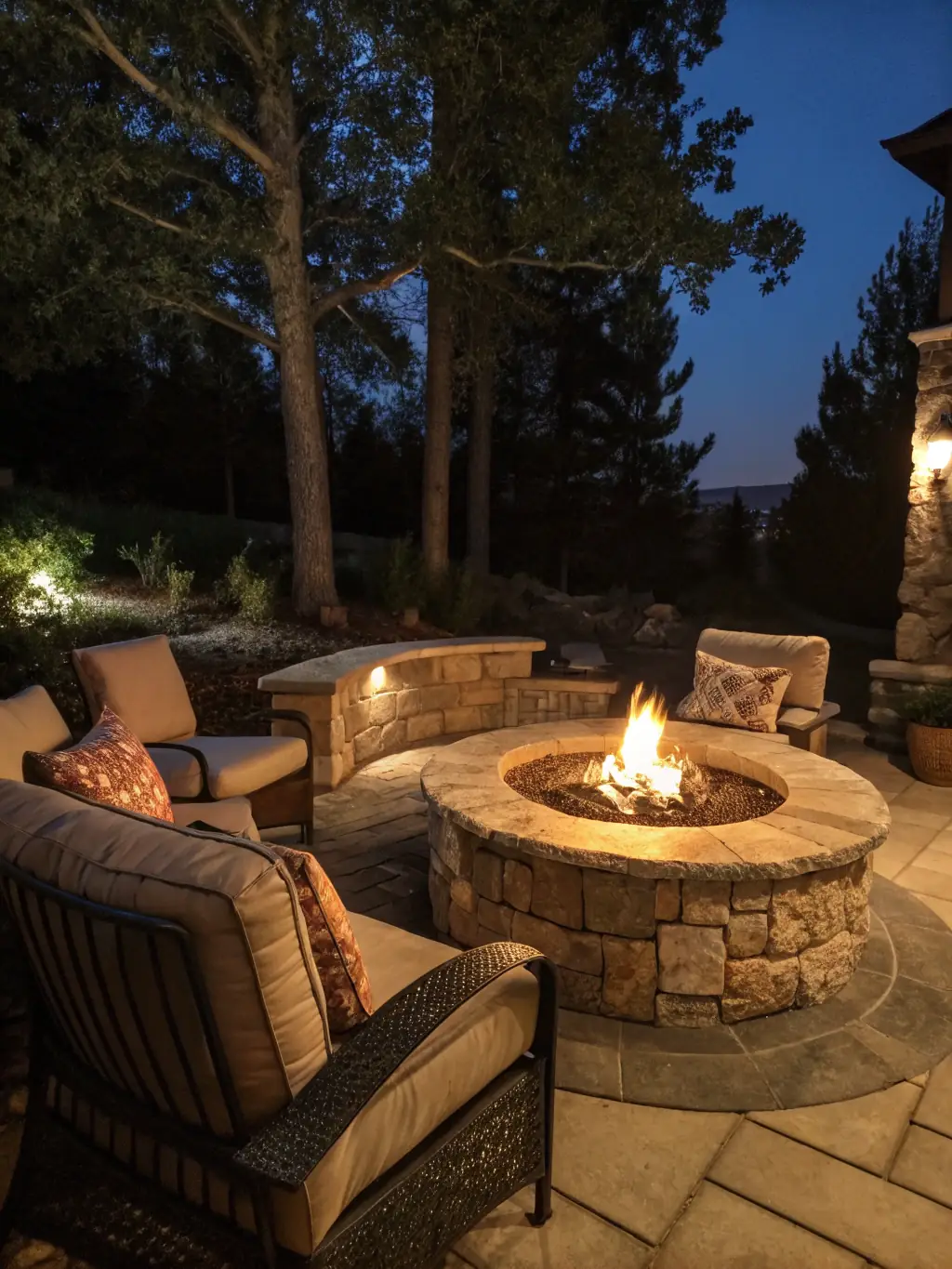 A cozy outdoor firepit area with comfortable seating, surrounded by professionally laid pavers, illustrating Belgard Masonry's firepit construction services.