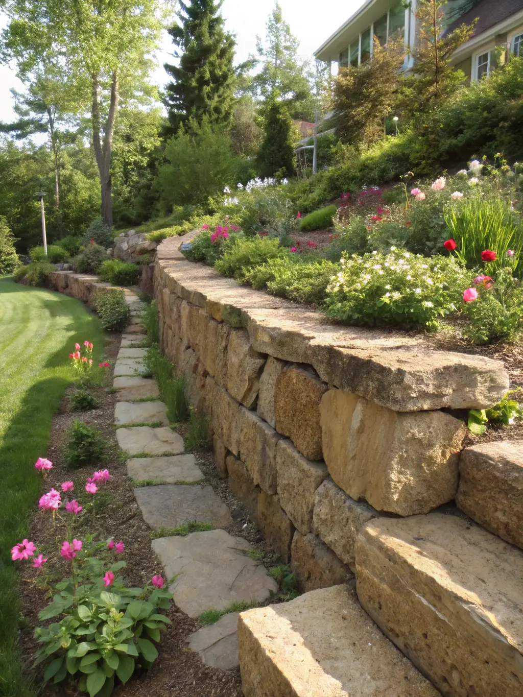 A sturdy and aesthetically pleasing retaining wall made of interlocking blocks, preventing soil erosion and adding visual interest to a sloped yard, demonstrating Belgard Masonry's retaining wall construction capabilities.